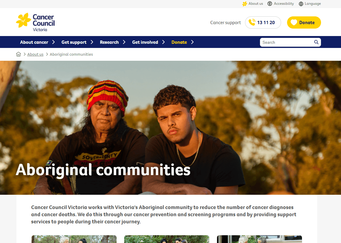 Screenshot of Cancer Council Victoria's Aboriginal Communities website