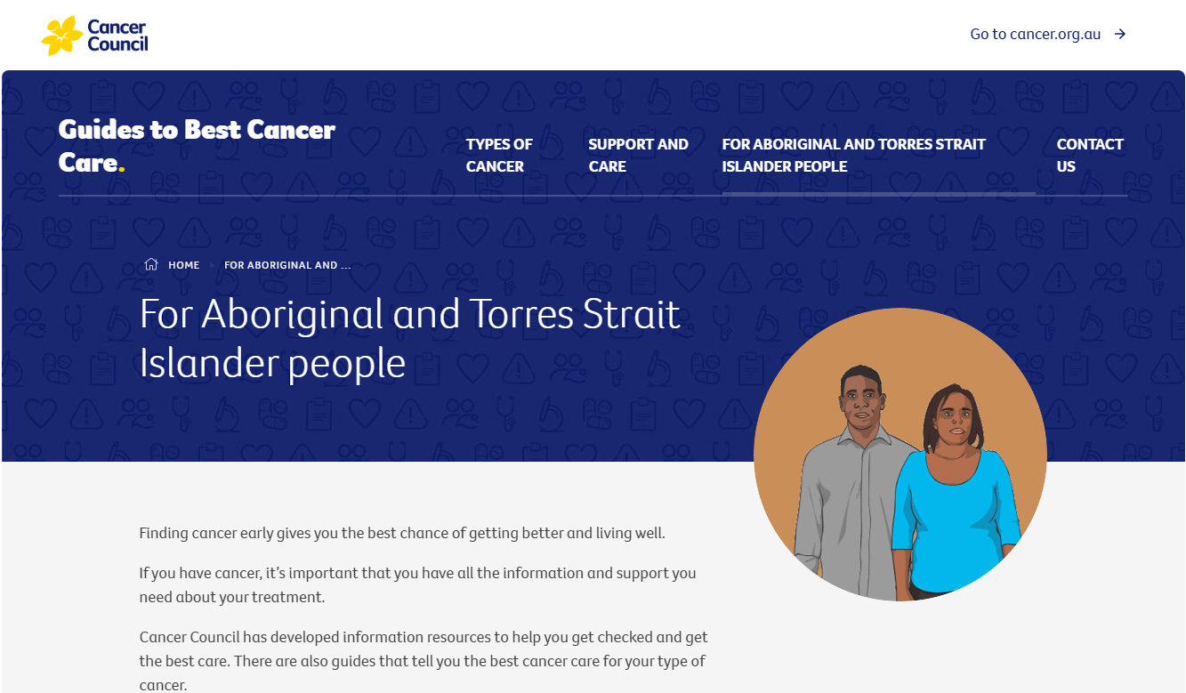 Screenshot of Cancer Council's Guides to Best Cancer Care - For Aboriginal and Torres Strait Islander people
