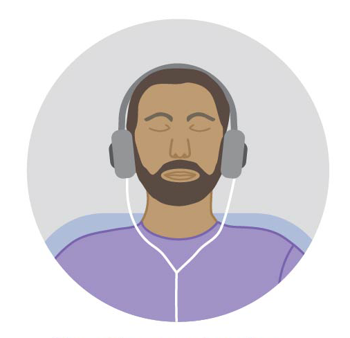 Illustration of a person wearing headphones with eyes closed, showing that breathing or relaxation exercises may help during treatment. 