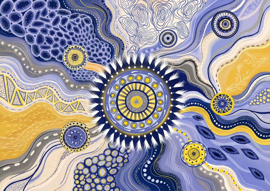 An Aboriginal artwork titled "This Way Together" by Jedess Hudson. The artwork includes Cancer Connect colours and themes combined with Aboriginal designs incorporating circles and flowing lines