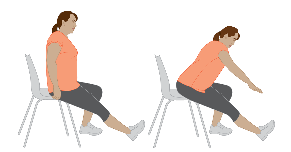 Two-panel illustration demonstrating a seated hamstring stretch. In the first panel, a person sits upright on a chair with one foot flat on the floor and the other leg extended straight in front with the heel resting on the ground. In the second panel, the person leans forward from the hips toward the extended leg while keeping the back relatively straight, reaching toward the foot to stretch the back of the thigh.