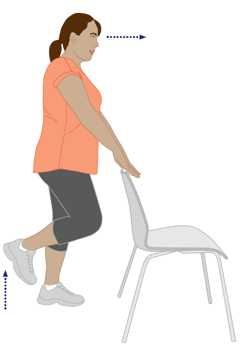 Illustration of a balance exercise using a chair for support. A person stands beside a chair with one hand lightly resting on the backrest while lifting one foot off the floor and balancing on the opposite leg. A blue upward arrow beside the raised foot indicates the lifting movement, and a blue forward arrow at eye level suggests looking straight ahead during the exercise.