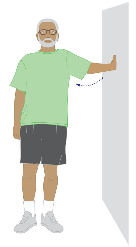 Illustration of a standing chest and biceps stretch performed beside a wall. A person stands upright with one arm extended out to the side at shoulder height, palm pressed against the wall. The body is gently rotated away from the wall to stretch the chest and front of the arm. A curved blue arrow indicates the direction of the torso rotation away from the wall.