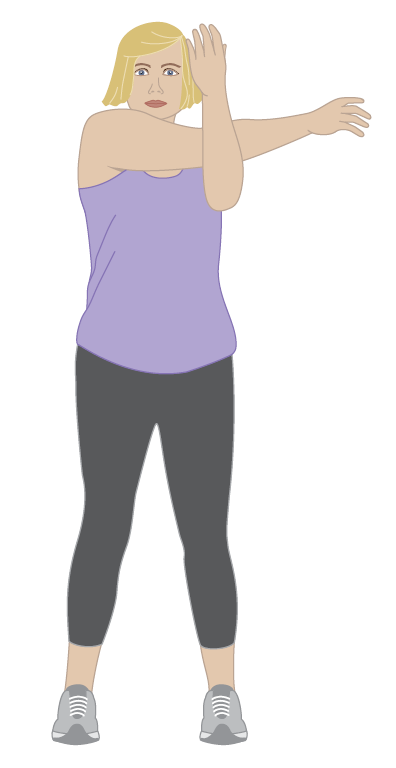 Illustration of a shoulder stretch performed while standing. One arm is extended straight across the chest while the opposite hand supports the arm above the elbow, gently pulling it closer to the body. The stretch targets the shoulder and upper back muscles.