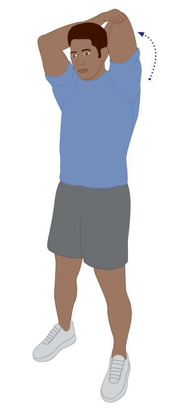Illustration of a standing triceps stretch. One arm is raised overhead and bent at the elbow so the hand reaches behind the head. The opposite hand gently holds the raised elbow and guides it backward to increase the stretch along the back of the upper arm and shoulder. A curved blue arrow indicates the direction of the stretch.